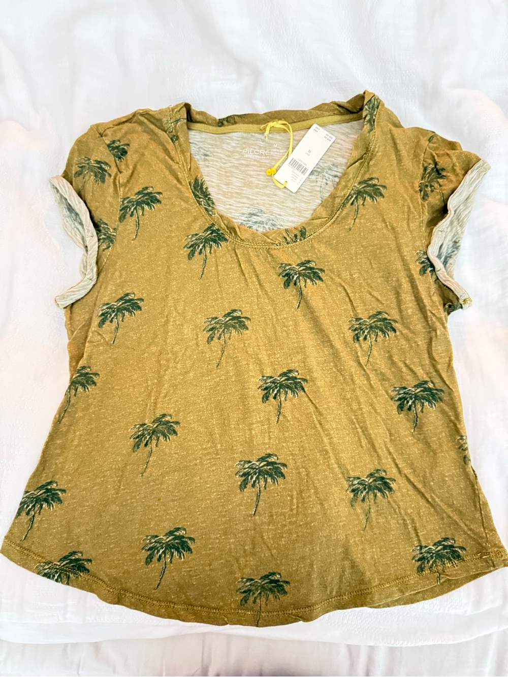 Anthropologie Pilcro Palm-Print Short Sleeve Tee - Mustard Sz M fitted